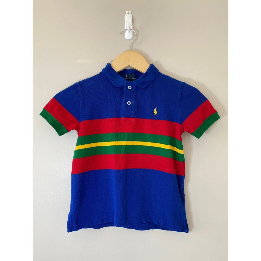 Polo Ralph Lauren Boys Blue Striped Colorblock Polo Shirt Size 6 Short Sleeve